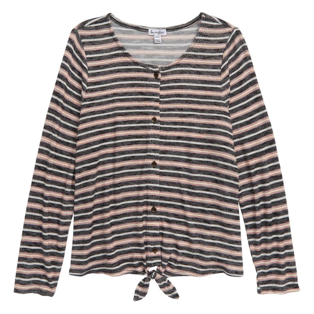 Love fire tie front button down top Stripe Pink Black Size L Girls NWT 3764